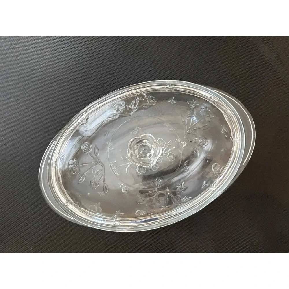 Vintage AnchorHocking SAVANNAH Floral Glass Oval 2 Qt Casserole Dish w/Lid 13x8